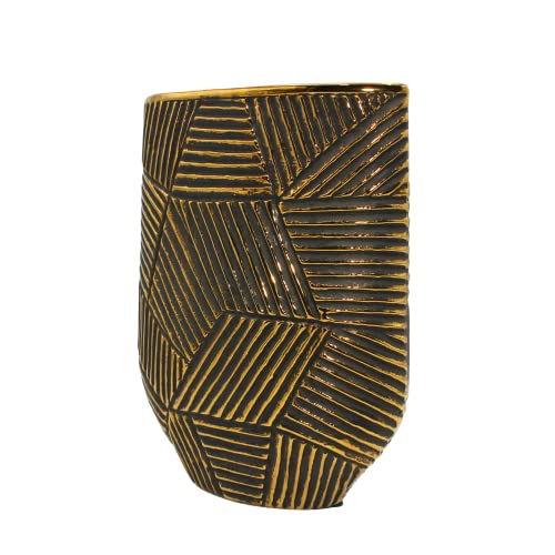 Edle hochwertige schmale Keramik Vase in Gold-schwarz, oval. gestreift, Größe: H/B/Ø ca. 24 x 19 x 5 cm von Dekohelden24