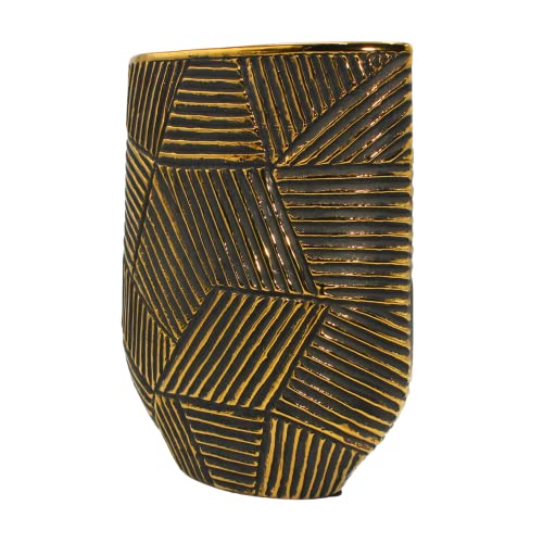 Edle hochwertige schmale Keramik Vase in Gold-schwarz, oval. gestreift, Größe: H/B/Ø ca. 27 x 22 x 5 cm von Dekohelden24