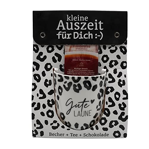 Geschenkset - kleine Auszeit - Porzellan Tee,-Kaffeebecher / Tasse, schwarz-weiß Leo-Muster,Tee + Schokolade, Motiv: Gute Laune, Größe H/Ø: 9,8 x 8,2 cm, Fassungsvermögen 250 ml, Spülmaschinengeeignet von Dekohelden24