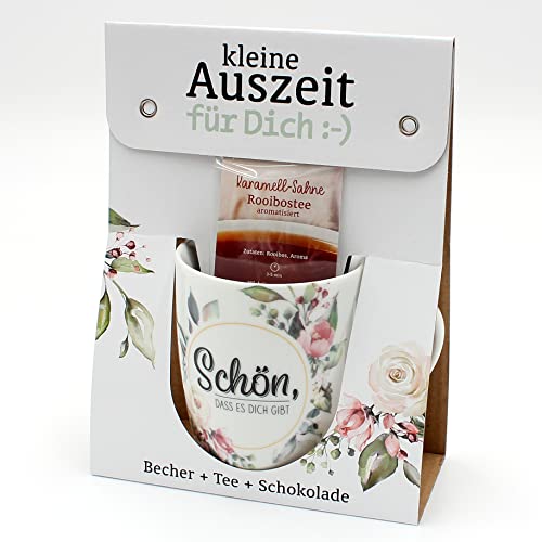 Geschenkset - kleine Auszeit - Tee,- Kaffeebecher/Tasse aus Porzellan+Tee+Schokolade, Motiv: Schön, dass es Dich gibt/Blumen, Größe H/Ø: 9,8x8,2 cm, Fassungsvermögen 250 ml, Spülmaschinengeeignet. von Dekohelden24