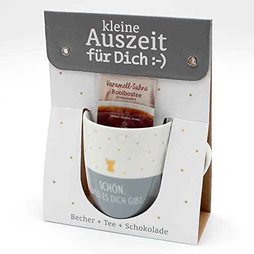 Geschenkset - kleine Auszeit - Tee,- Kaffeebecher/Tasse aus Porzellan+Tee+Schokolade, Motiv: Schön, dass es Dich gibt/Engel, Größe H/Ø: 9,8x8,2 cm, Fassungsvermögen 250 ml, Spülmaschinengeeignet. von Dekohelden24