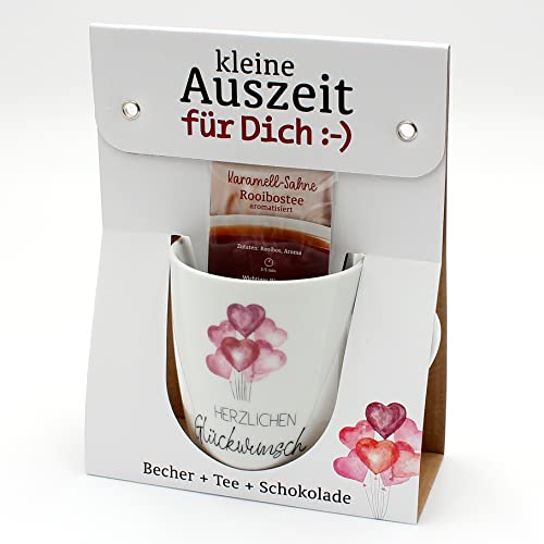 Geschenkset - kleine Auszeit - Tee,- Kaffeebecher/Tasse aus Porzellan + Tee + Schokolade, Motiv: Herzlichen Glückwunsch, Größe H/Ø: 9,8 x 8,2 cm, Fassungsvermögen 250 ml, Spülmaschinengeeignet. von Dekohelden24