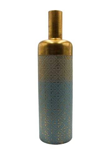 Hochwertige Metall Vase in Hellblau, Farbverlauf und Goldenem Muster, schmale Öffnung, Bodenvase, Dekovase, Größe: H/Ø ca. 55 x 15 cm von Dekohelden24