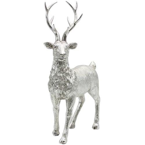 Keramik Dekofigur, Moderne Deko-Statue, Landhaus-Skulptur als Hirsch in Silber - Glitzer, stehend, L/B/H: 24 x 10 x 36cm von Dekohelden24