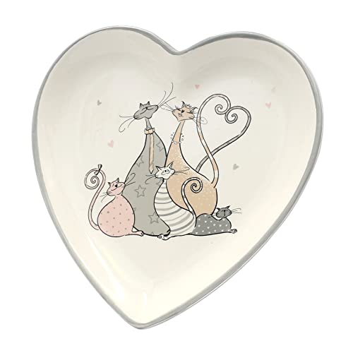 Keramik Schale, Servierschale, Dekoteller in Herzform mit Katzenfamilie, grau - creme/weiß, Maße L/B/H: ca. 20 x 20 x 3 cm von Dekohelden24