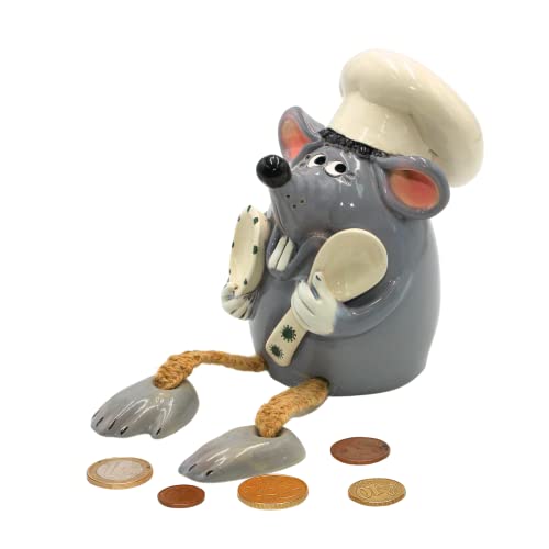 Keramik Sparbüchse/Spardose/Moneybox als Maus mit Kochmütze und Löffel, handgefertigt, ca. 16 cm groß, Kantenhocker von Dekohelden24