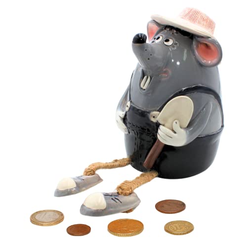 Keramik Sparbüchse/Spardose/Moneybox als Maus mit Spaten/Gärtner, handgefertigt, ca. 17 cm groß, Kantenhocker von Dekohelden24