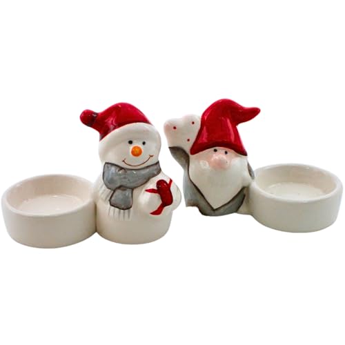 Keramik Teelichthalter - Schneemann & Weihnachtsmann - als 2er Set, Maße je Teelichthalter L/B/H: 9,8 x 5,5 x 7 cm. von Dekohelden24