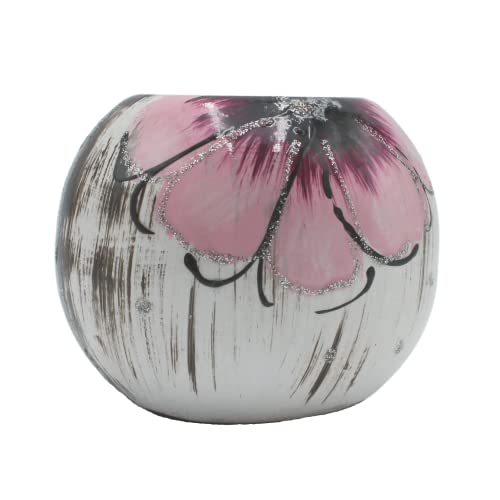 Keramik Teelichthalter mit Blumen-Dekor, schwarz-rosa, Hibiskusblüte, Handarbeit, Größe: H/Ø ca. 7 x 7 cm von Dekohelden24