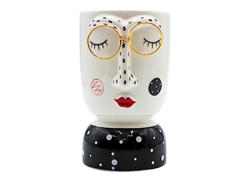 Keramik Vase mit Gesicht und Goldener Brille, Blumenvase, schwarz-weiß, Größe: H/Ø ca. 14,5 x 8 cm von Dekohelden24