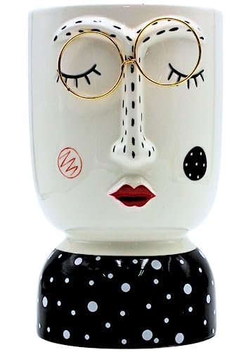 Keramik Vase mit Gesicht und Goldener Brille, Blumenvase, schwarz-weiß, Größe: H/Ø ca. 21 x 12 cm von Dekohelden24
