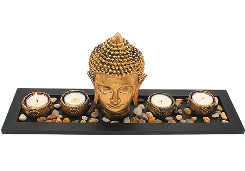 Komplettes Deko-Set mit 4 Teelichthalter und 1 Buddhakopf aus Keramik in Gold, auf Holztablett, inkl. Dekosteine, Größe Tablett L/B/H ca. 41 x 11,5 x 2 cm, Höhe Buddhakopf 17 cm von Dekohelden24