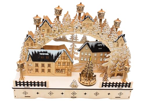 LED Holz Schwibbogen, Lichterbogen, Schwippbogen, Leuchterbogen, Fenster Schwibbogen mit bewegtem Tannenbaum inklusive Netzteil als auch Batteriebetrieb möglich, L/B/H ca. 45 x 12 x 35 cm. von Dekohelden24