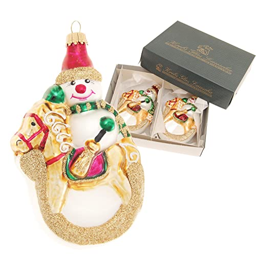 Lauschaer Christbaumschmuck - 2er Set Glas Schneemann auf Schaukelpferd mit goldenem Glitter Dekor, mit Goldkrönchen, Größe L/B/H: ca. 3 x 7 x 12 cm von Dekohelden24