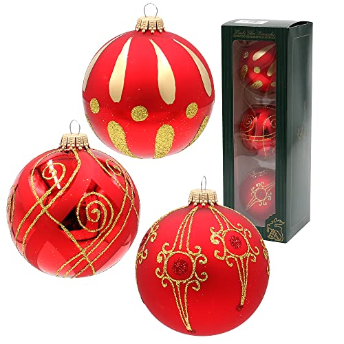 Lauschaer Christbaumschmuck - 3er Set Christbaumkugeln in Rot Glanz und matt, mundgeblasen und handdekoriert mit verschiedenen Motiven, mit Goldkrönchen, Größe Ø ca. 8 cm Lauschaer Christbaumschmuck - 3er Set Christbaumkugeln in Rot Glanz und matt, mundgeblasen und handdekoriert mit verschiedenen Motiven, mit Goldkrönchen, Größe Ø ca. 8 cm von Dekohelden24