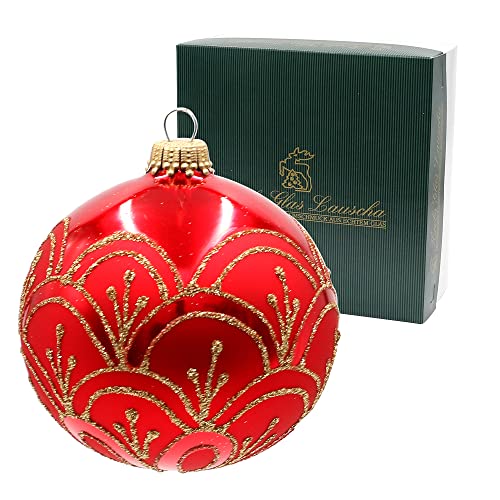 Lauschaer Christbaumschmuck - 4er Set Glaskugeln in Rot, matt, mundgeblasen und handdekoriert mit goldenem Glitter - Dekor, mit Goldkrönchen, Größe Ø ca. 10 cm von Dekohelden24