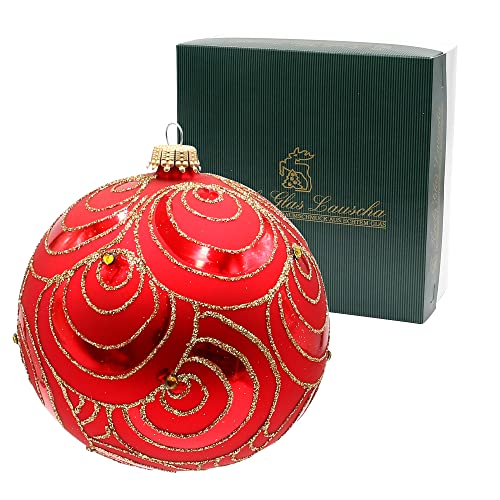 Dekohelden24 Lauschaer Christbaumschmuck - 4er Set Glaskugeln in Rot, matt, mundgeblasen und handdekoriert mit goldenen Kringel - Glitter - Dekor, mit Goldkrönchen, Größe Ø ca. 10 cm, (KGL10865) von Dekohelden24