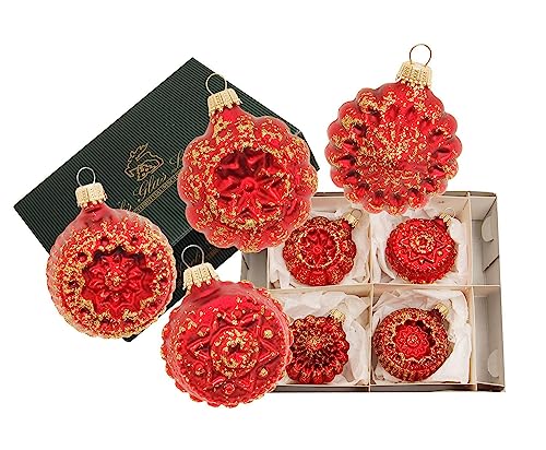 Lauschaer Christbaumschmuck - 4er Set Ornamente glänzend rot mit goldenem Glitter Deko, Goldkrönchen von Dekohelden24