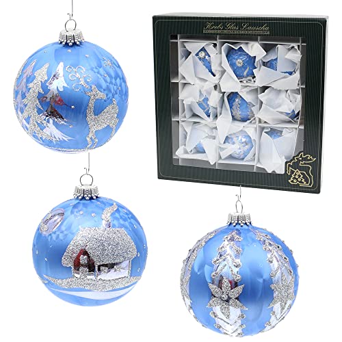 Dekohelden24 Christbaumschmuck - 9er Set Glaskugeln in Blau Eislack, mundgeblasen und handdekoriert mit verschiedenen Mitoven, Silberkrönchen, Größe Ø ca. 8 cm, KGL03384 von Dekohelden24