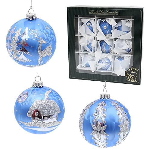 Lauschaer Christbaumschmuck - 9er Set Glaskugeln in Blau Eislack, mundgeblasen und handdekoriert mit verschiedenen Mitoven, mit Silberkrönchen, Größe Ø ca. 8 cm Lauschaer Christbaumschmuck - 9er Set Glaskugeln in Blau Eislack, mundgeblasen und handdekoriert mit verschiedenen Mitoven, mit Silberkrönchen, Größe Ø ca. 8 cm von Dekohelden24