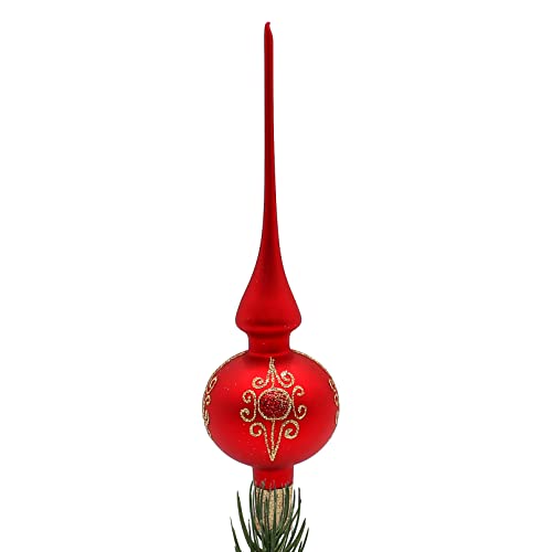 Lauschaer Christbaumschmuck - Christbaumspitze matt Rot mit Glitter Dekor in Gold, Ornamente, Länge ca. 28 cm von Dekohelden24