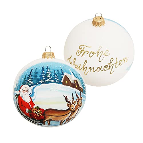 Lauschaer Christbaumschmuck - Einzelkugel / Glaskugel mit Winterbild - Weihnachtsmann auf Schlitten und Aufschrift -Frohe Weihnachten- mundgeblasen und handbemalt, mit Goldkrönchen, Größe Ø ca. 10 cm Lauschaer Christbaumschmuck - Einzelkugel / Glaskugel mit Winterbild - Weihnachtsmann auf Schlitten und Aufschrift -Frohe Weihnachten- mundgeblasen und handbemalt, mit Goldkrönchen, Größe Ø ca. 10 cm von Dekohelden24