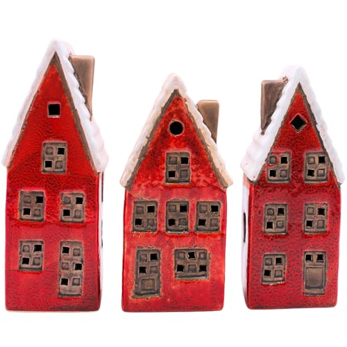 Lichthäuser, Stadthäuser, Keramikhäuser, Dekohäuser, LED-Häuser, Dekohaus als 3er Set aus Steingut in rot mit weißem Dach, Lieferumfang 3 Dekohäuser, Größe L/B/H ca. 7 x 6 x 19 cm. von Dekohelden24