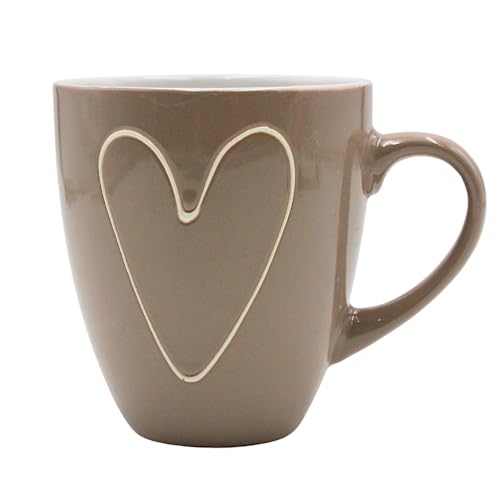 Maxi - Kaffeebecher/Tasse/Becher aus Keramik in cappuccinofarben mit Herz, H/Ø: ca. 11 x 9 cm, Fassungsvermögen ca. 400 ml, Spülmaschinengeeignet von Dekohelden24