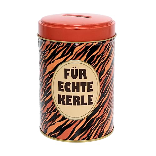 Dekohelden24 Metall-Spardose - Blechdosen-Design - Motiv: Für echte Kerle, Schwarz-Braunem Design, Tigerstreifen, Größe H/Ø ac. 14 x 9 cm von Dekohelden24