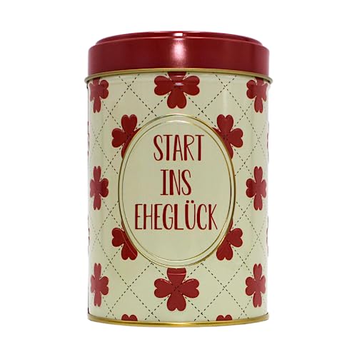 Dekohelden24 Metall-Spardose - Blechdosen-Design - Motiv: Start ins Eheglück, Blümchendesign in Rot und Beige, Größe H/Ø ac. 14 x 9 cm von Dekohelden24