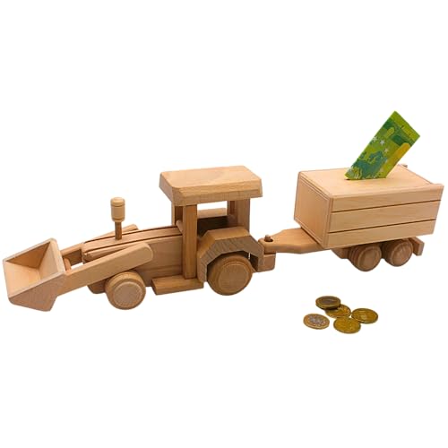 Nachhaltige fahrbare Holz - Spardose, Sparbüchse als Bagger, Radlader - Spardose, Sparbagger aus Holz, Kinderspardose Bagger, Baggersparbüchse mit Hänger aus Buchenholz, L/B/H 42 x 8 x 12 cm. Nachhaltige fahrbare Holz - Spardose, Sparbüchse als Bagger, Radlader - Spardose, Sparbagger aus Holz, Kinderspardose Bagger, Baggersparbüchse mit Hänger aus Buchenholz, L/B/H 42 x 8 x 12 cm. von Dekohelden24