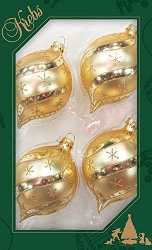 ORIGINAL LAUSCHAER Christbaumschmuck - 4er Set Tropfen Satin Gold mit Glitter Dekor, 8,9 cm, mit goldenem Krönchen + 50 Schnellaufhänger in Gold GRATIS zu Ihrer Bestellung dazu ! von Dekohelden24