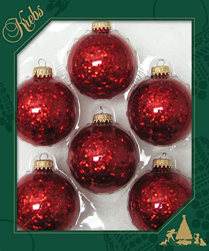 Dekohelden24 Lauschaer Christbaumschmuck - 6er Set Kugeln Uni Glitter hellrot, 6,7 cm, mit goldenem Krönchen von Dekohelden24