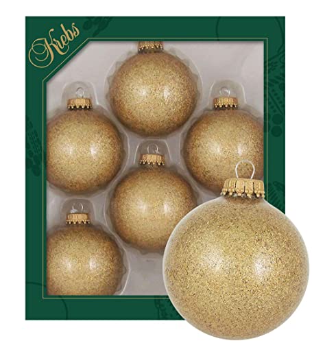 Dekohelden24 Lauschaer Christbaumschmuck - 6er Set Kugeln Uni Gold mit Glitterfinish, 6,7 cm, mit goldenem Krönchen von Dekohelden24