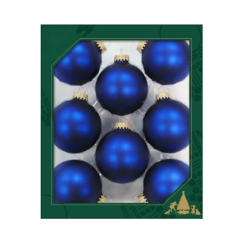 Dekohelden24 Lauschaer Christbaumschmuck - 8er Set Kugeln Uni matt Satin königsblau, 6,7 cm, mit goldenem Krönchen + 50 Schnellaufhänger dazu von Dekohelden24