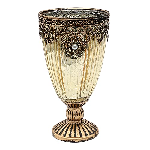 Orientalisches Windlicht - Teelichthalter - Kerzenhalter - Kelch aus Glas in Gold, mit Marokko/goldenem Metall Dekor, L/B/H 10 x 10 x 15 cm von Dekohelden24