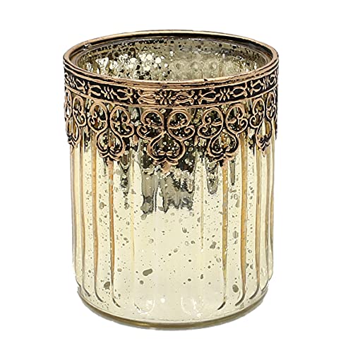 Orientalisches Windlicht - Teelichthalter - Kerzenhalter aus Glas in Gold, mit Marokko/goldenem Metall Dekor, L/B/H 10 x 10 x 12 cm von Dekohelden24
