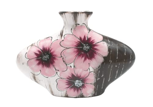 Ovale Keramik Vase mit Blumen-Dekor, schwarz-rosa, Handarbeit, GrößeL/B/H ca. 7 x 30 x 20 cm von Dekohelden24