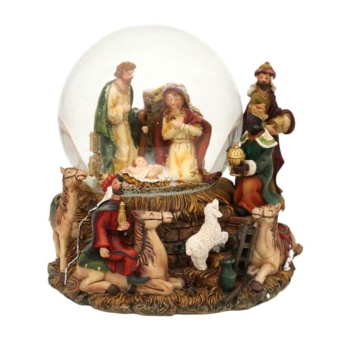 Schneekugel - Heilige Familie und die Heiligen DREI Könige - L/B/H/Ø Kugel 14 x 13 x 15,5 cm/Ø 10 cm, mit Spielwerk, Melodie - Stille Nacht - von Dekohelden24