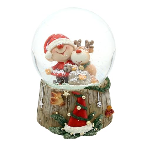 ***Schneekugel - Weihnachtsmann - Weihnachtself mit Rentier - auf Sockel in Holzoptik, mit Spielwerk, L/B/H/Ø Kugel 10 x 11 x 15 cm Ø 10 cm, Melodie Jingle Bells von Dekohelden24