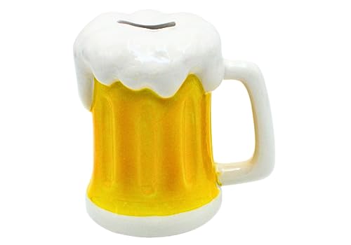 Dekohelden24 Spardose als Bierglas - Sparkrug - Sparbüchse - Bierkasse, Weiß - Gelb, Größe L/B/H ca. 14 x 13 x 14 cm von Dekohelden24