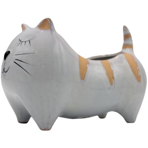 Übertopf - Pflanztopf - Pflanzgefäß - Dekoschale aus Keramik, Motiv: Katze in hellgrau, Maße L/B/H: ca. 21 x 12 x 14 cm von Dekohelden24