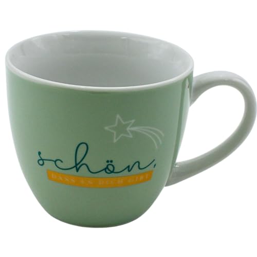 Weihnachts - Maxi - Kaffeebecher - Tasse aus Porzellan, mintgrün und Komet mit Aufschrift: Schön, dass es Dich gibt, Größe H/Ø: 9,2 x 10,5 cm, Fassungsvermögen 400 ml, Spülmaschinengeeignet. von Dekohelden24