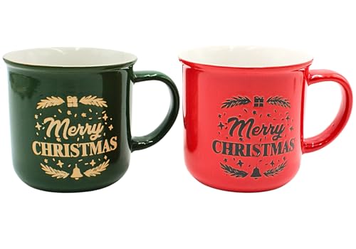 Dekohelden24 Weihnachtsbecher - Tassen aus Steingut in rot und grün als 2er Set, Aufschrift: Merry Christmas, Maße L/B/H 13 x 9 x 9 cm. Fassungsvermögen ca. 330 ml von Dekohelden24