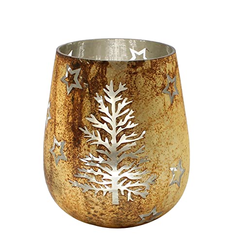 Windlichtglas mit winterlichem Dekor - Sterne und Baum - aus Glas in Gold, Maße H/Ø: ca. 15 x 13 cm von Dekohelden24