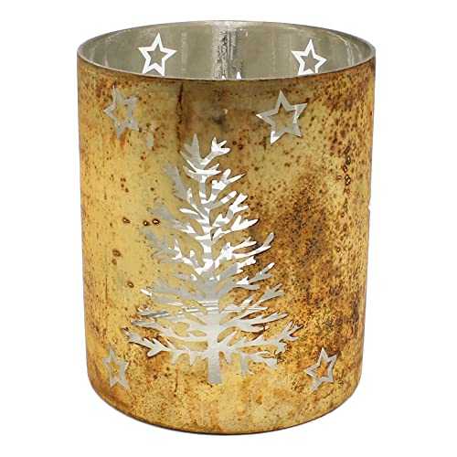 Windlichtglas mit winterlichem Dekor - Sterne und Baum - aus Glas in Gold, Maße H/Ø: ca. 18 x 15 cm von Dekohelden24