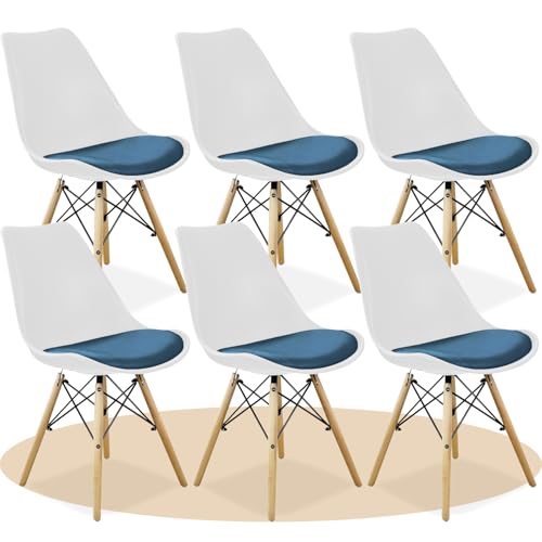 Dekohome Esszimmerstühle, minimalistische Küchenstühle mit ergonomischer Rückenlehne, gepolsterter gepolsterter Sitz und Massivholzbeine (Weiß und Dunkelblau, 6 Stück) von Dekohome