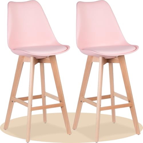 Dekohome Hoher Küchenhocker mit Rückenlehne, weicher und gepolsterter Sitz, hohe Beine aus Buchenholz mit Fußstütze, nordische Stühle (Rosa, 2 Stück) von Dekohome