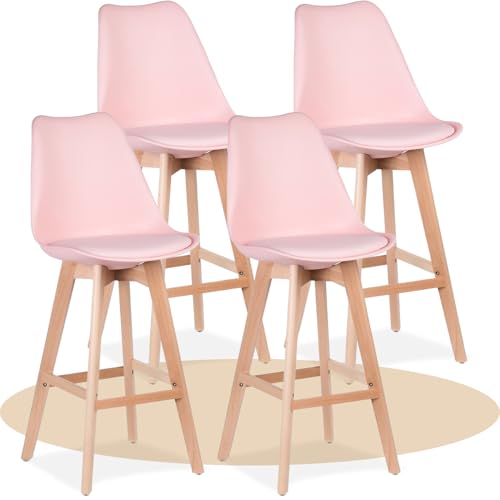 Dekohome Hoher Küchenhocker mit Rückenlehne, weicher und gepolsterter Sitz, hohe Beine aus Buchenholz mit Fußstütze, nordische Stühle (Rosa, 4 Stück) von Dekohome