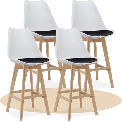 Dekohome Hoher Küchenhocker mit Rückenlehne, weicher und gepolsterter Sitz, hohe Beine aus Buchenholz mit Fußstütze, nordische Stühle (weiß und schwarz, 4 Stück) von Dekohome